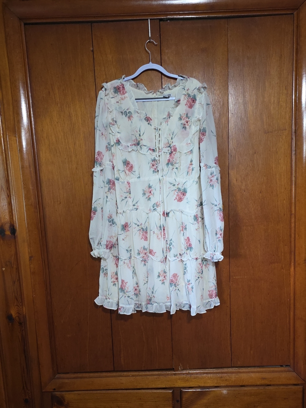 Fashion Nova Cream Floral Ruffle Tiered Long Sleeve Dress